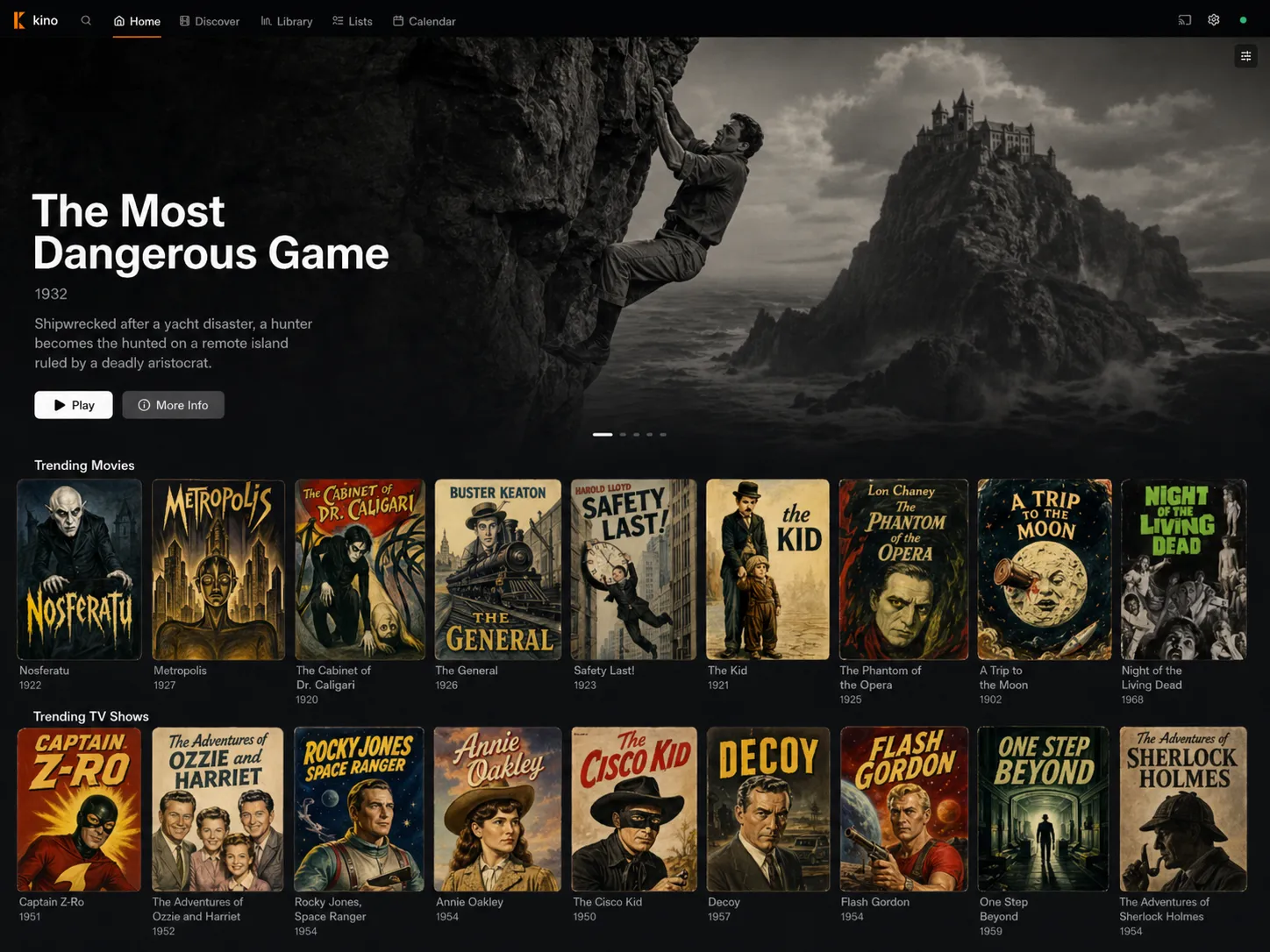 kino's home dashboard showing The Most Dangerous Game (1932) as the hero, with rows of trending public-domain films and TV shows below.
